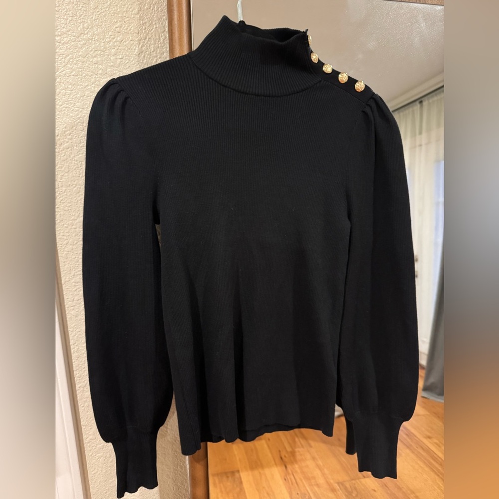 Ralph Lauren Black Label Black Ribbed Turtleneck Sweater with Gold Buttons